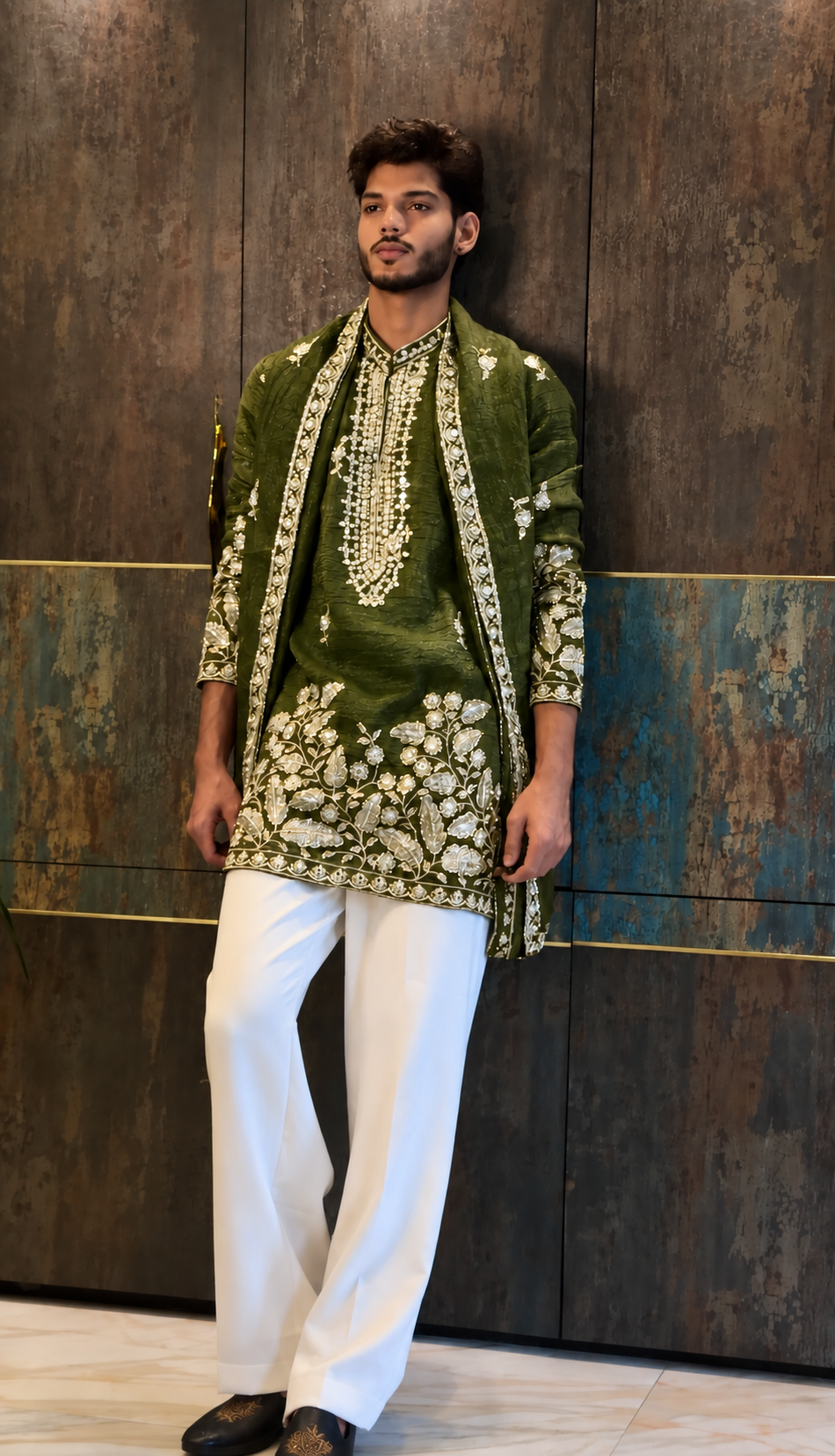 Chocolate Brown Luxury Embroidered Kurta Set For Men With Stole (Luxury Korean Pants)(Prebook)