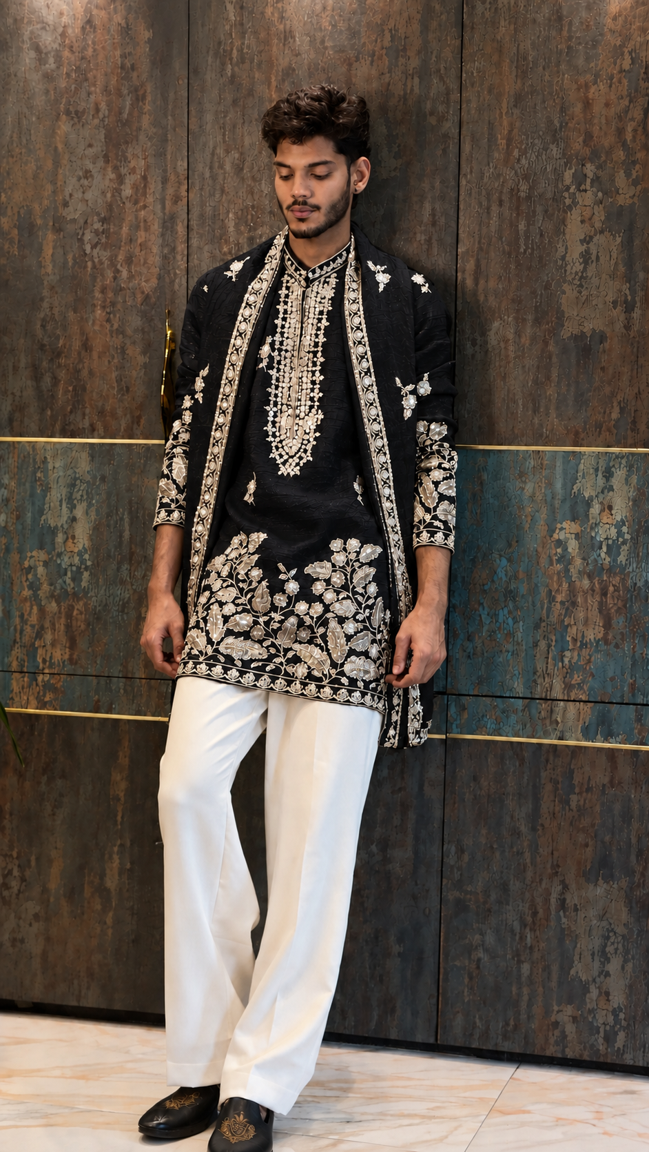 Chocolate Brown Luxury Embroidered Kurta Set For Men With Stole (Luxury Korean Pants)(Prebook)