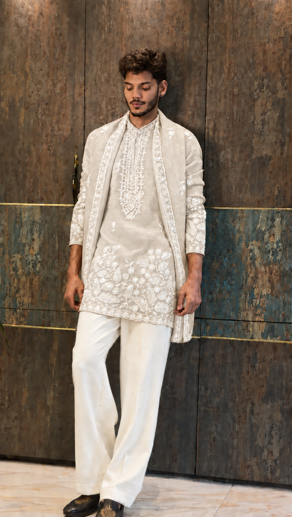 Chocolate Brown Luxury Embroidered Kurta Set For Men With Stole (Luxury Korean Pants)(Prebook)
