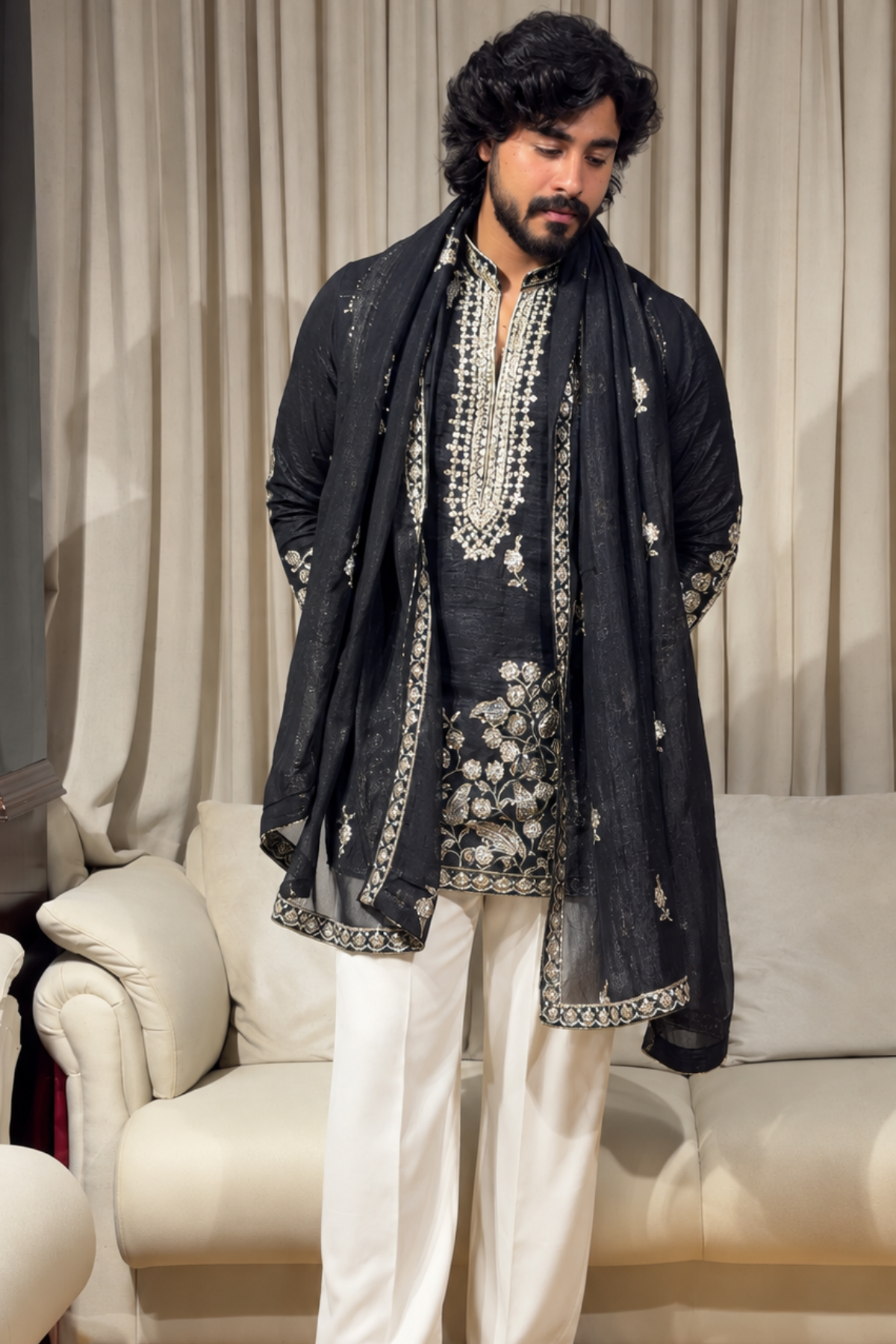 Black Luxury Embroidered Kurta Set For Men With Stole (Luxury Korean Pants)