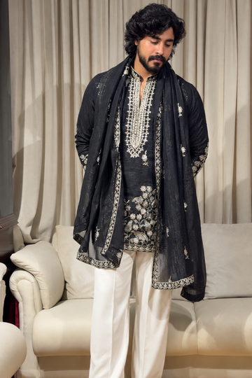Black Luxury Embroidered Kurta Set For Men With Stole (Luxury Korean Pants)