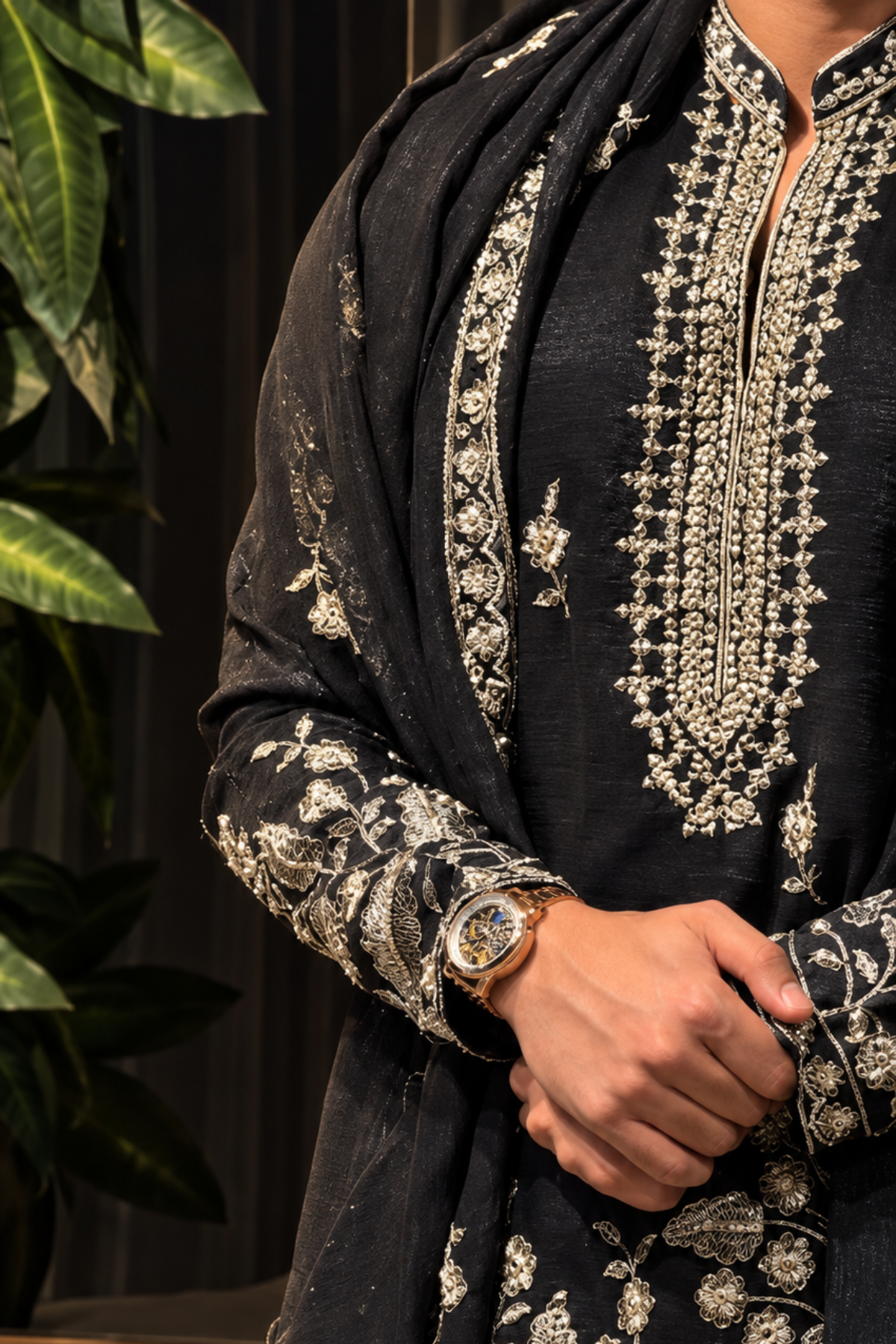 Black Luxury Embroidered Kurta Set For Men With Stole (Luxury Korean Pants)