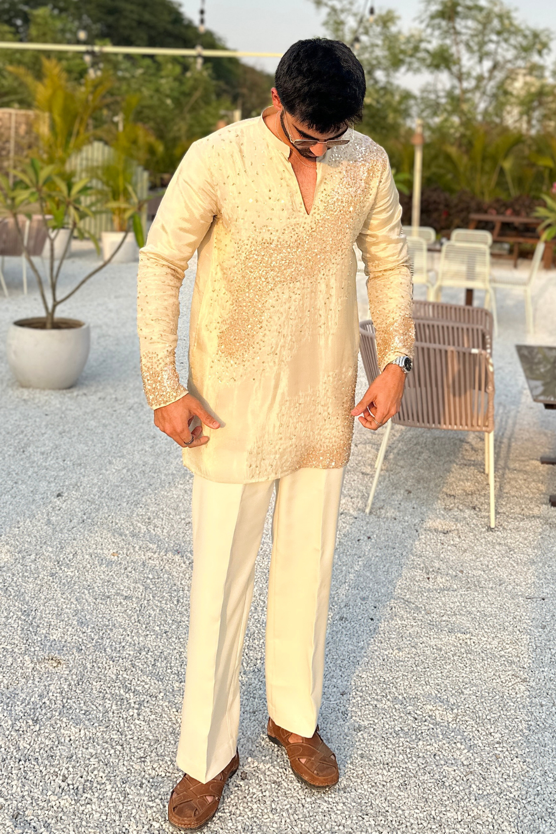 Cream Shimmer Sequin Kurta Pyjama For Men (Luxury Korean Pants)