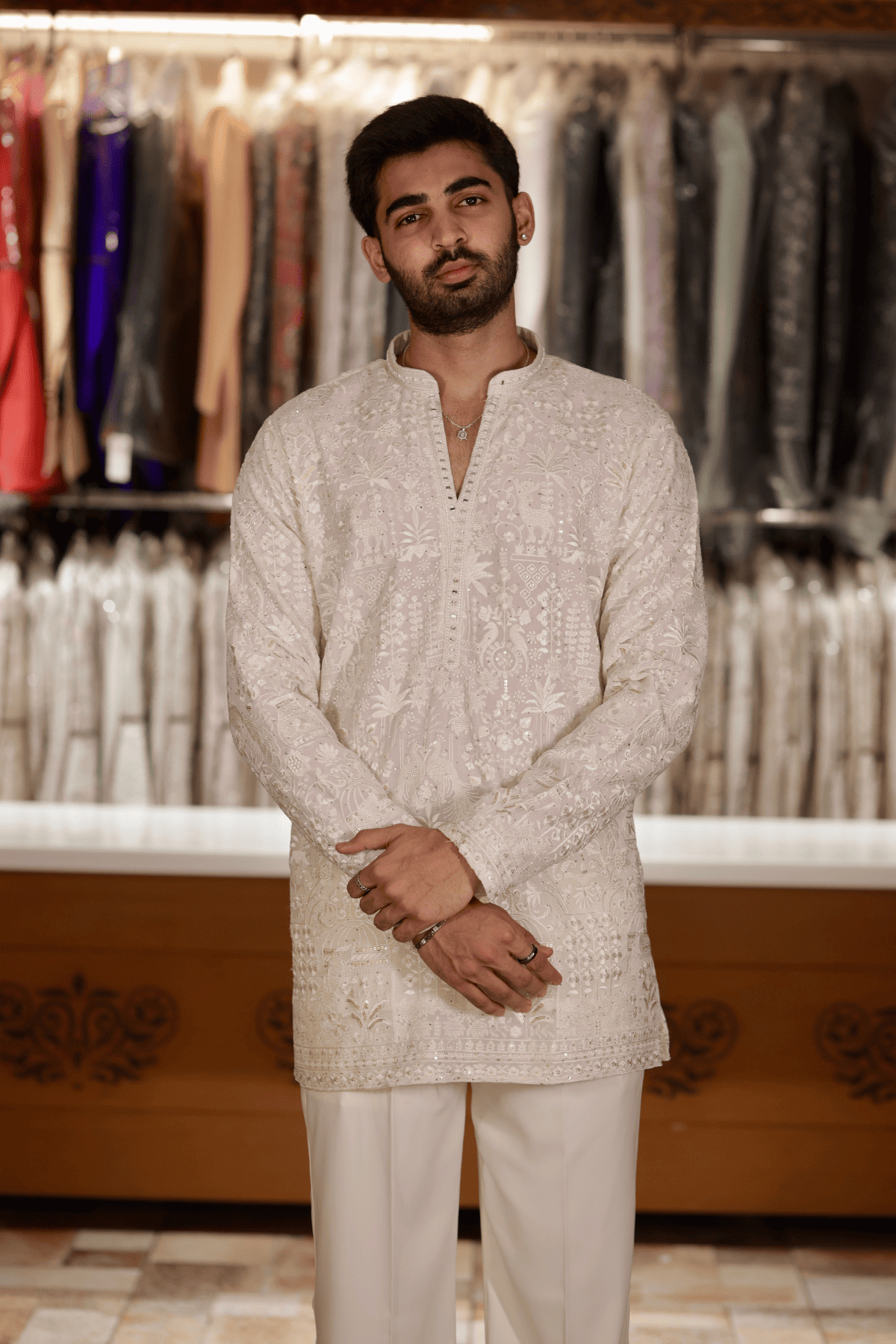 Cream Embroidered Short Kurta For Men (Luxury Korean Pants) F2-1093