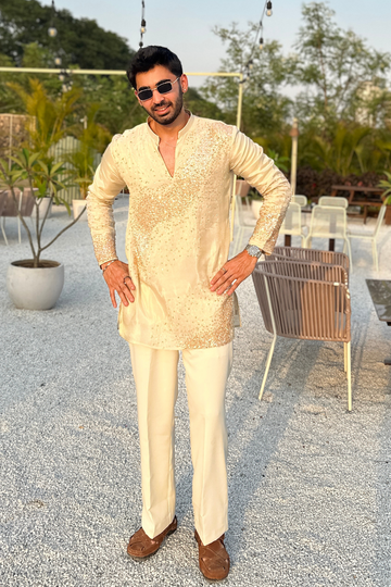 Cream Shimmer Sequin Kurta For Men (F2-1088)