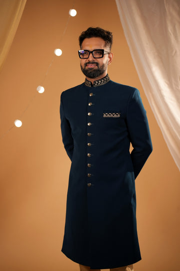 "Royal Elegance: rama color Nawabi Sherwani Adorned with Red Embroidered Details