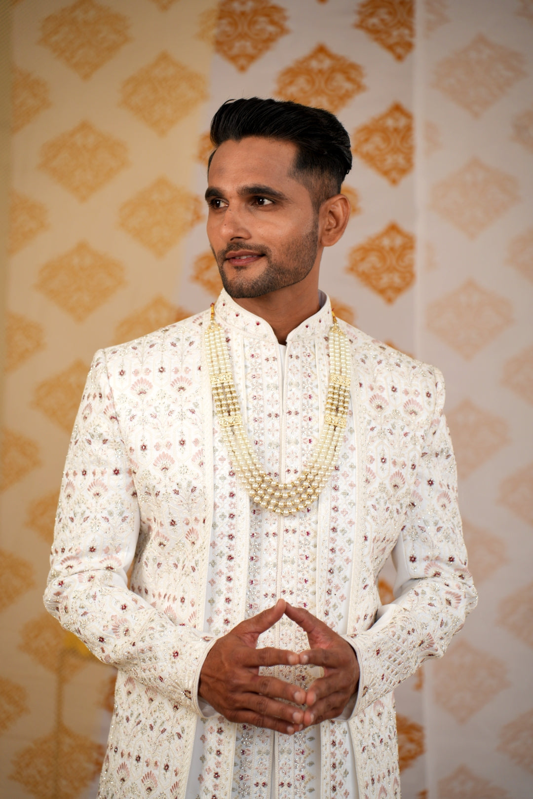 Three-Flap Embroidered Sherwani with Luxuriously Embellished