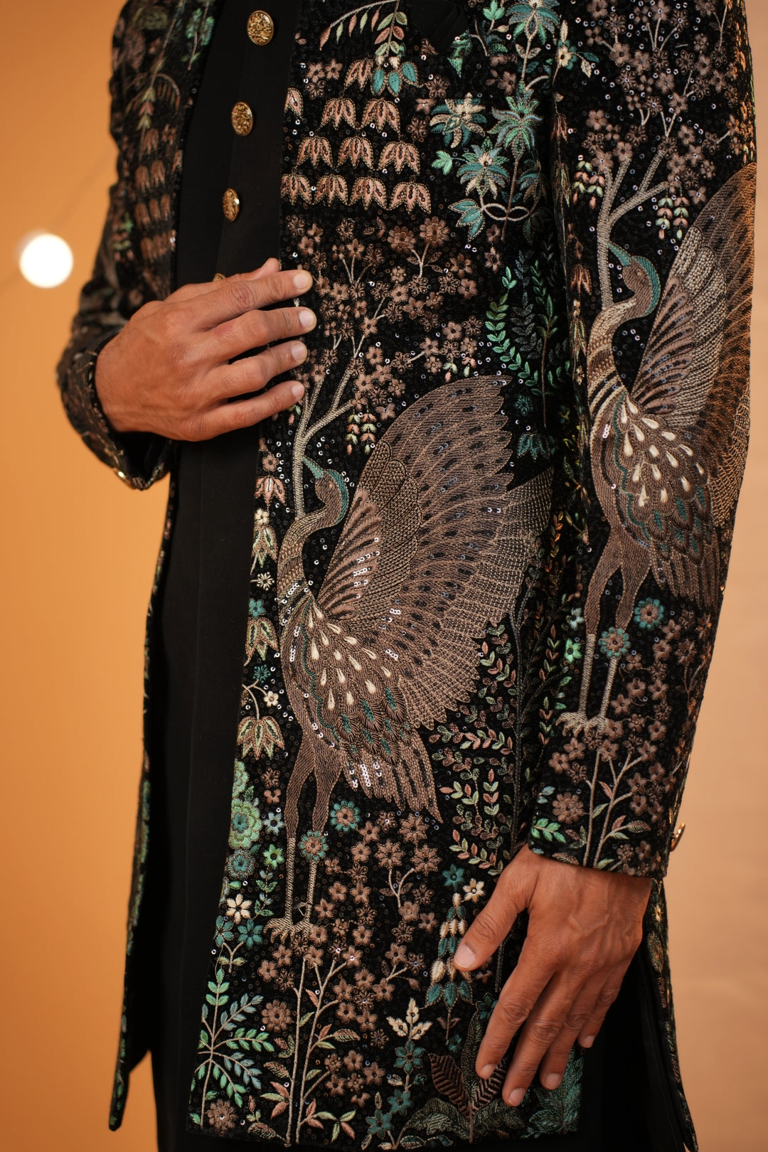 "Luxury velvet Black Indo-Western with Teal Green & Golden Embroidered Accents"