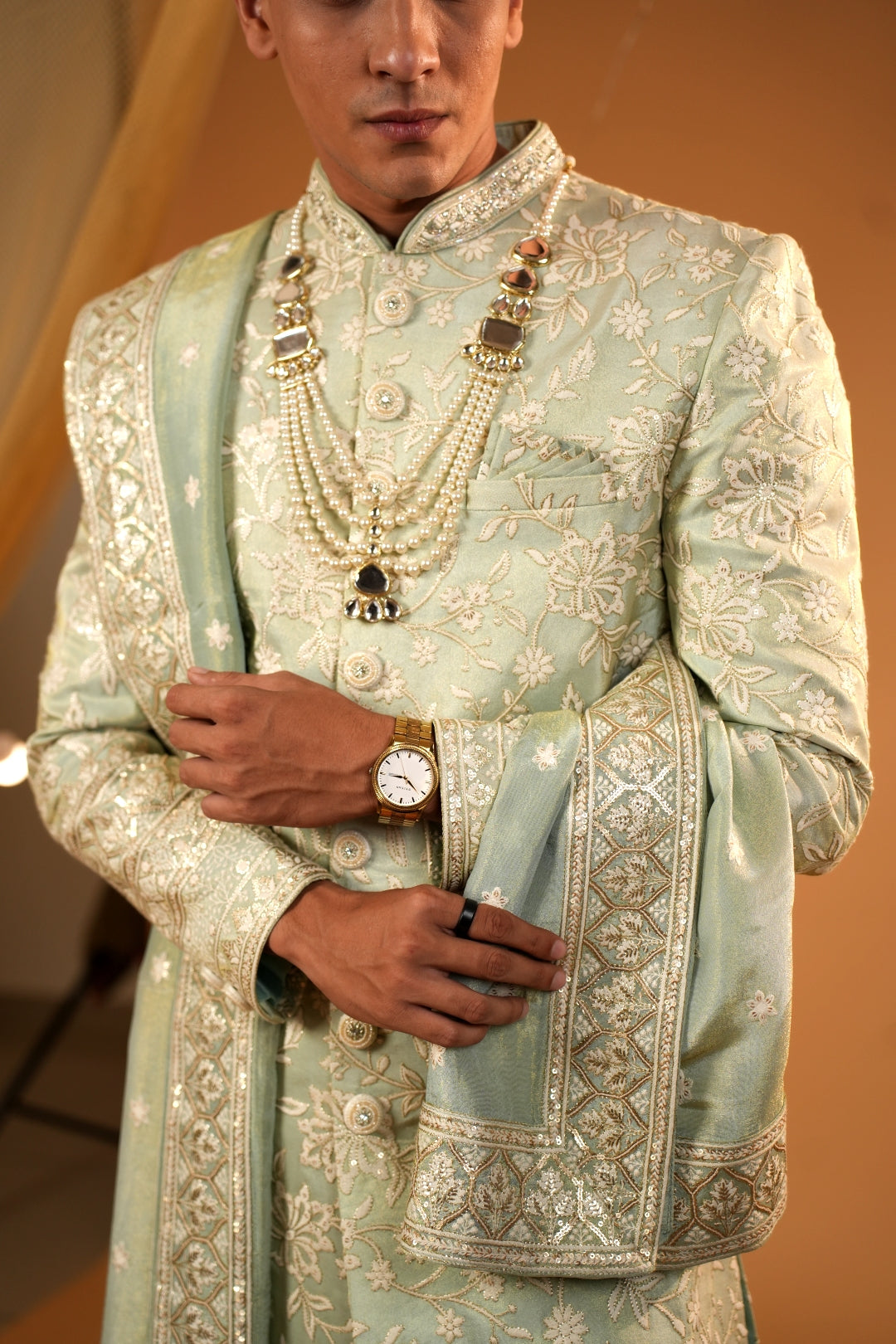 Pista floral thread embellished sherwani with matching bottom and beautiful handwork dupatta