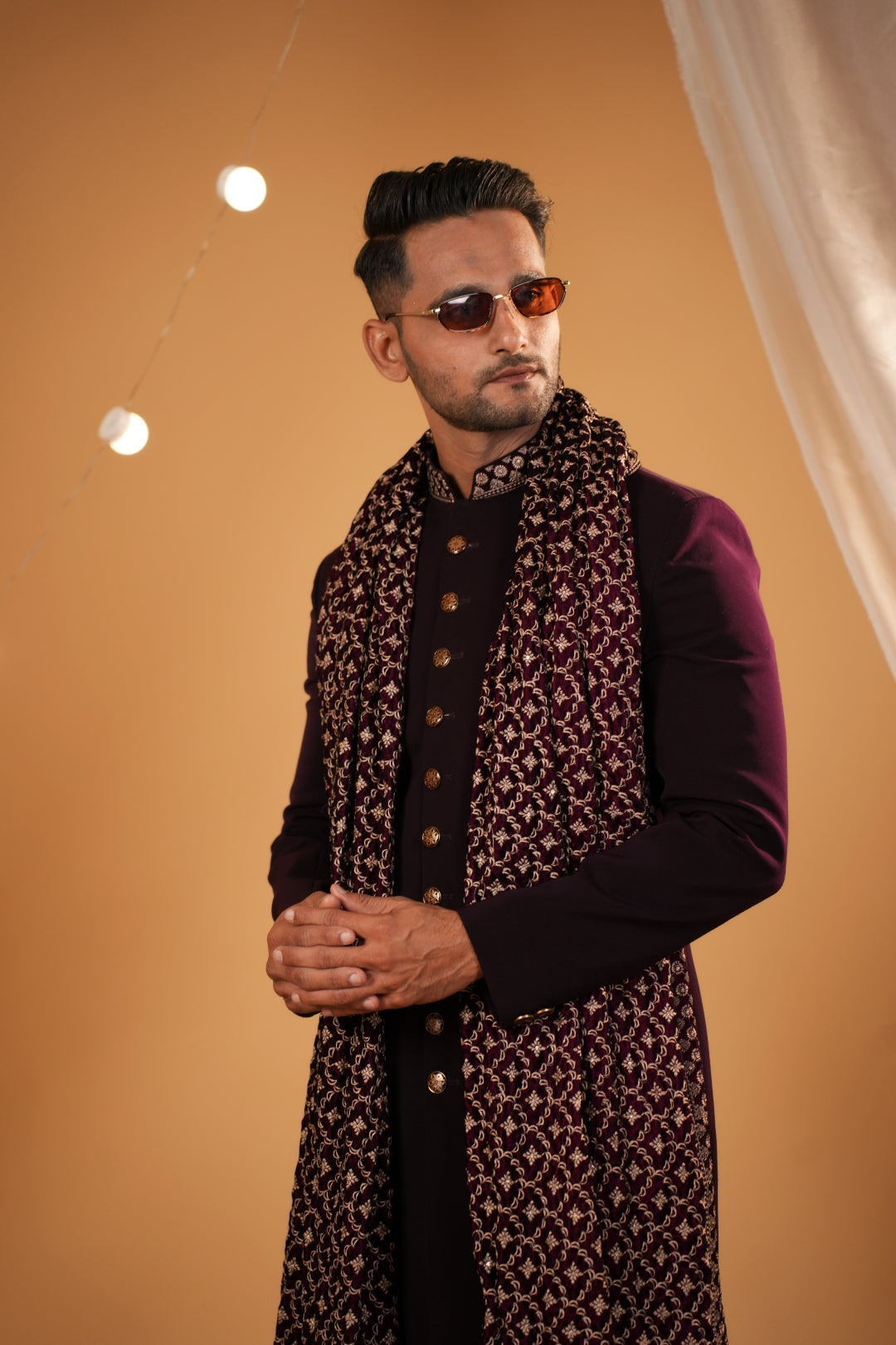 "Royal Elegance: wine Velvet Nawabi Sherwani Adorned with Red Embroidered Details