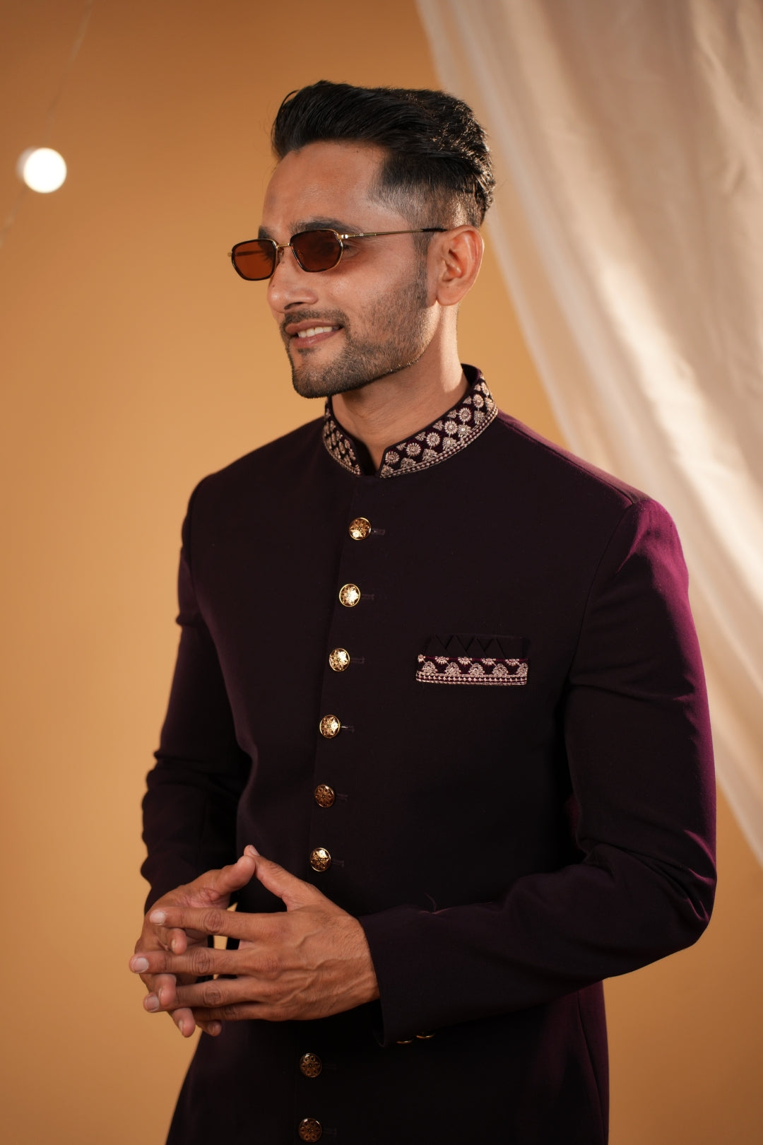 "Royal Elegance: wine Velvet Nawabi Sherwani Adorned with Red Embroidered Details