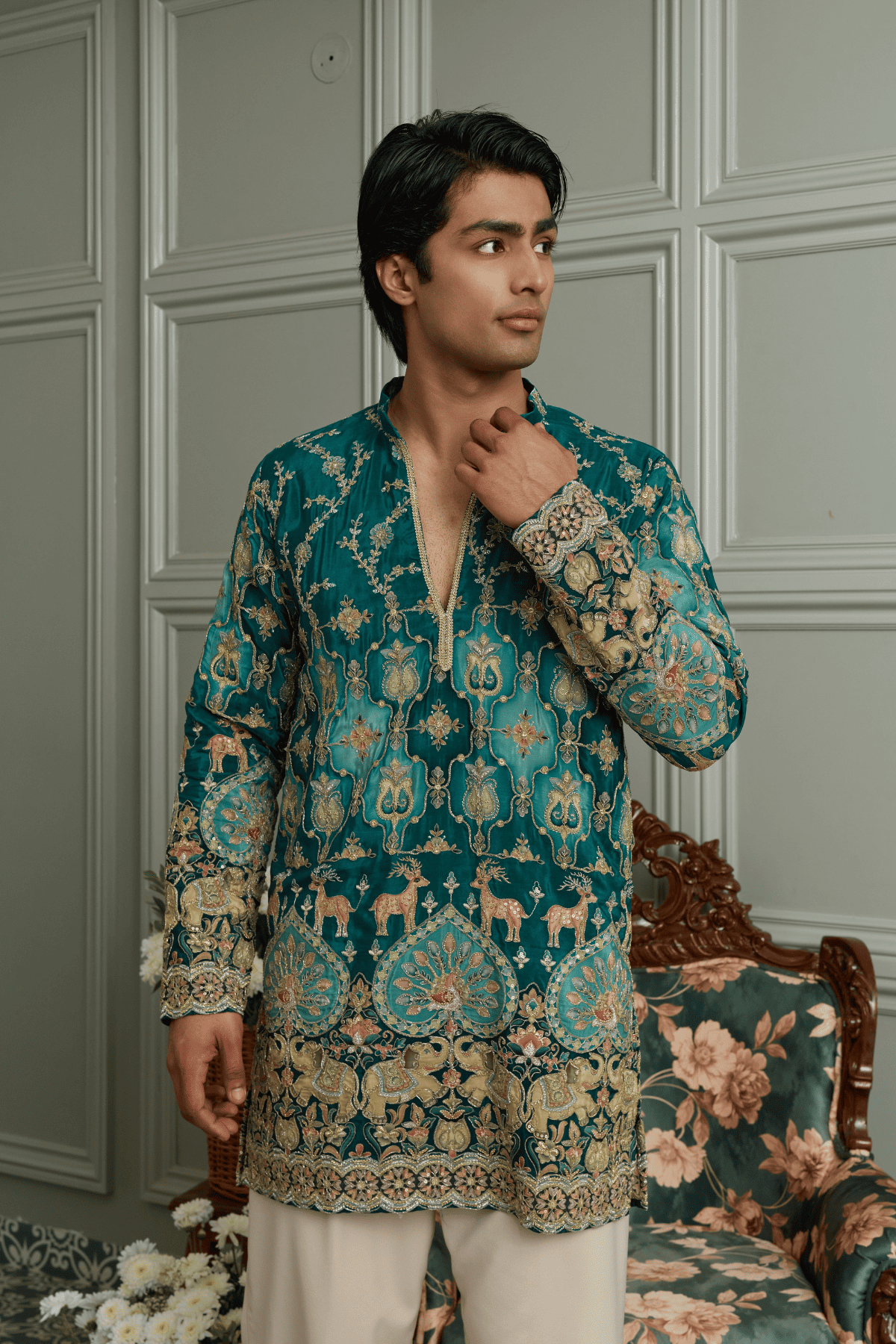Deep Teal Embroidered Designer Kurta Pyjama For Men (Luxury Korean Pants) F2-1092