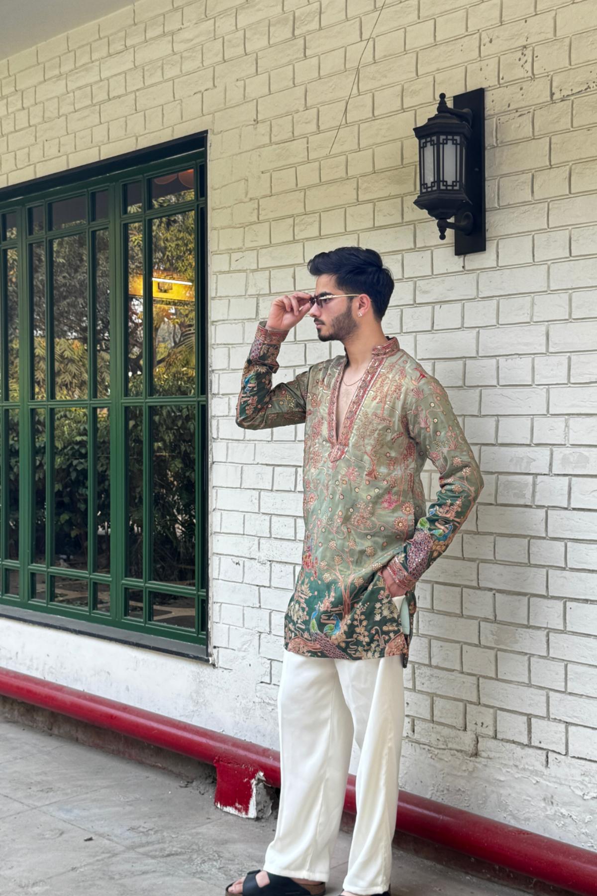 Double-Shaded Olive Green Embroidered Kurta Pyjama For Men (Luxury Korean Pants) F2-1068