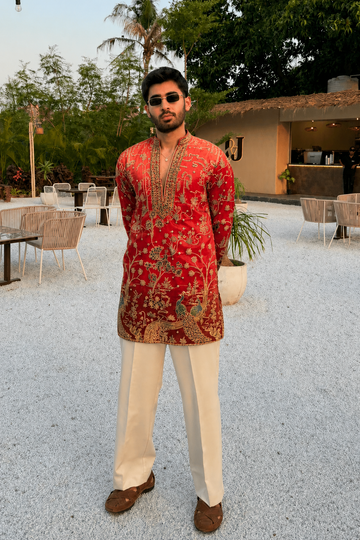 Cherry Red Short Kurta Pyjama For Men (Luxury Korean Pants)