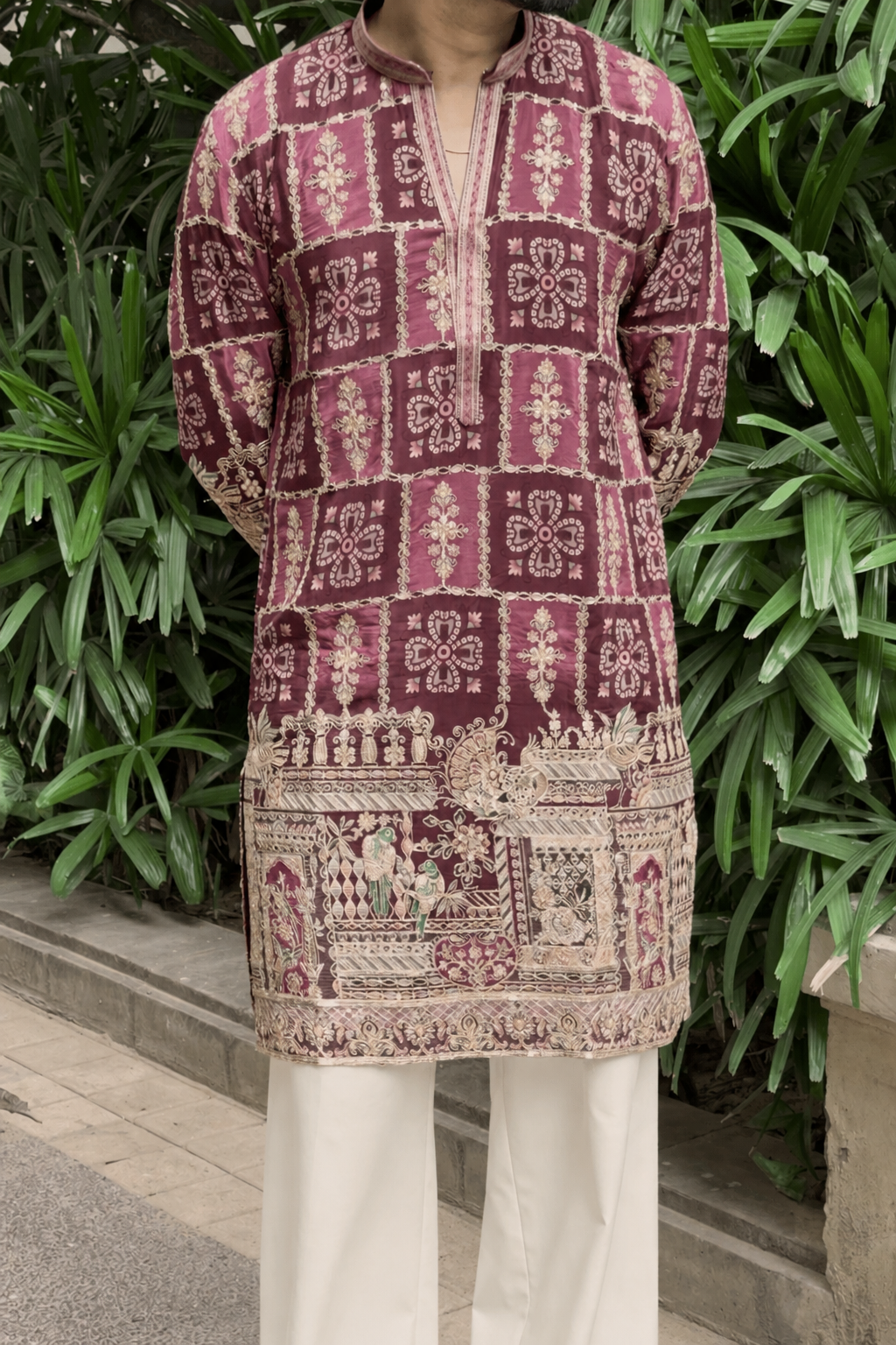 Royal Wine Embroidered Kurta Pyjama For Men (Luxury Korean Pants)