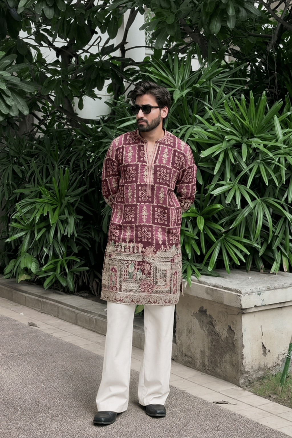 Royal Wine Embroidered Kurta Pyjama For Men (Luxury Korean Pants)