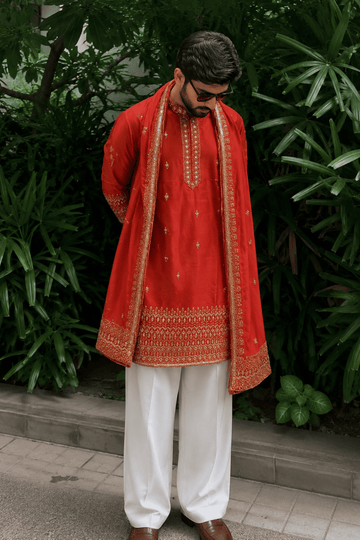 Rust Red Heritage Embroidered Kurta Set For Men With Dupatta (Luxury Korean Pants)