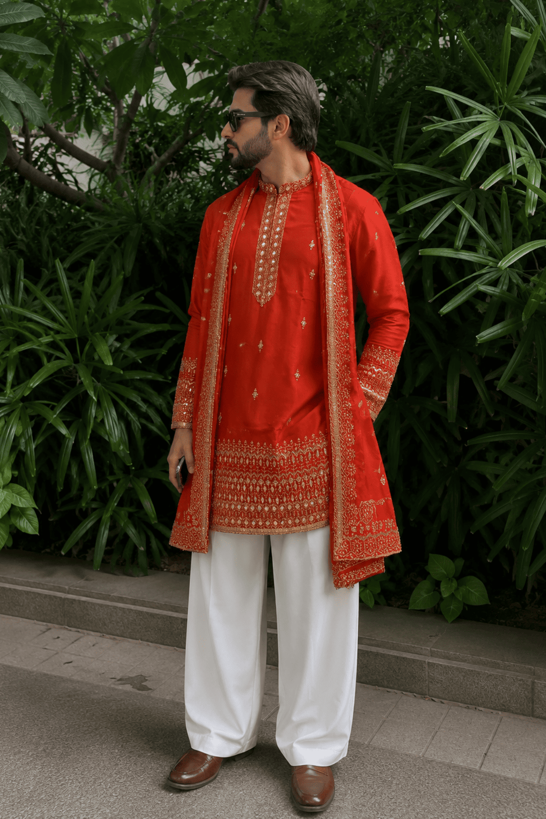 Rust Red Heritage Embroidered Kurta Set For Men With Dupatta (Luxury Korean Pants)