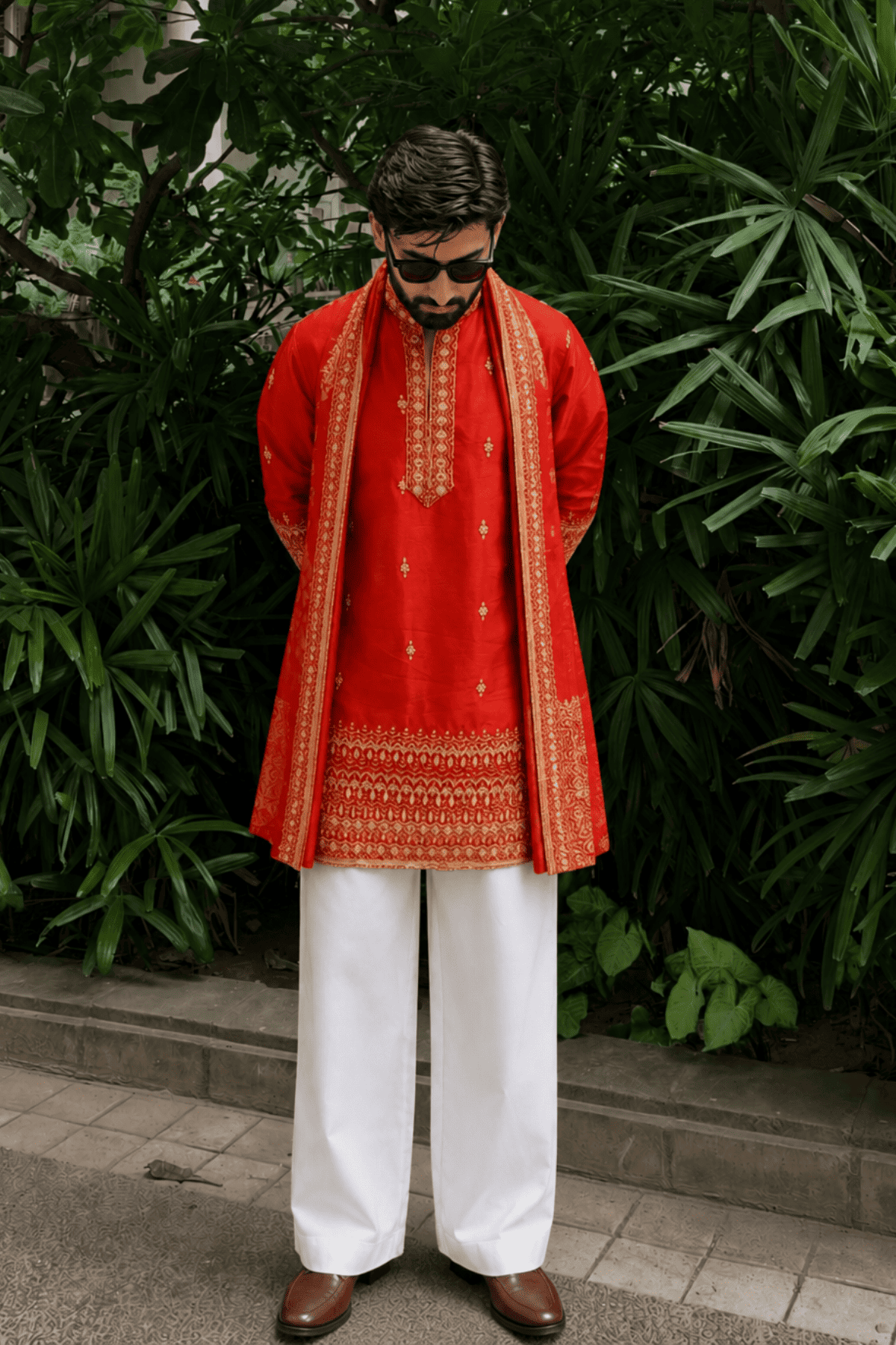 Rust Red Heritage Embroidered Kurta Set For Men With Dupatta (Luxury Korean Pants)