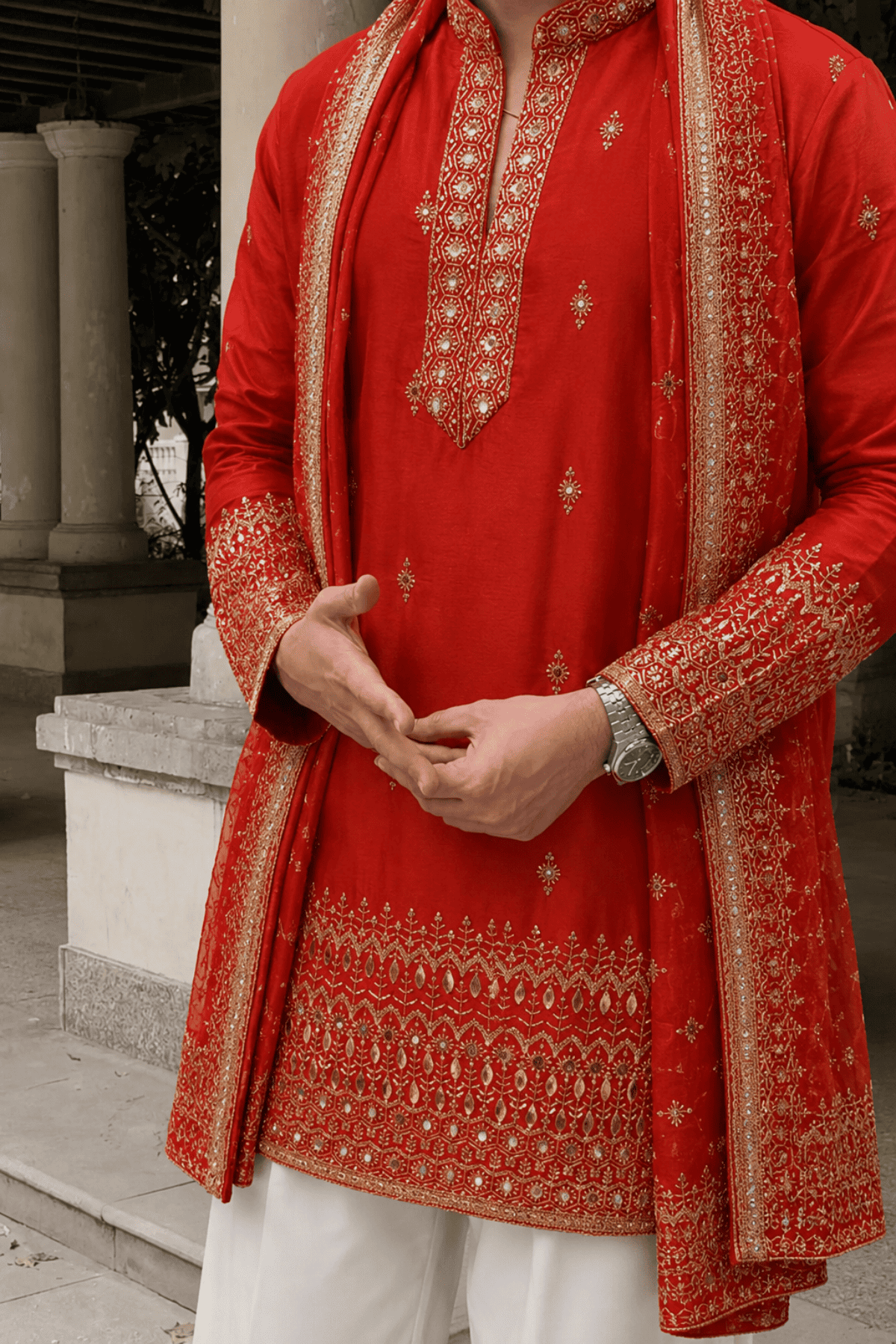 Rust Red Heritage Embroidered Kurta Set For Men With Dupatta (Luxury Korean Pants)