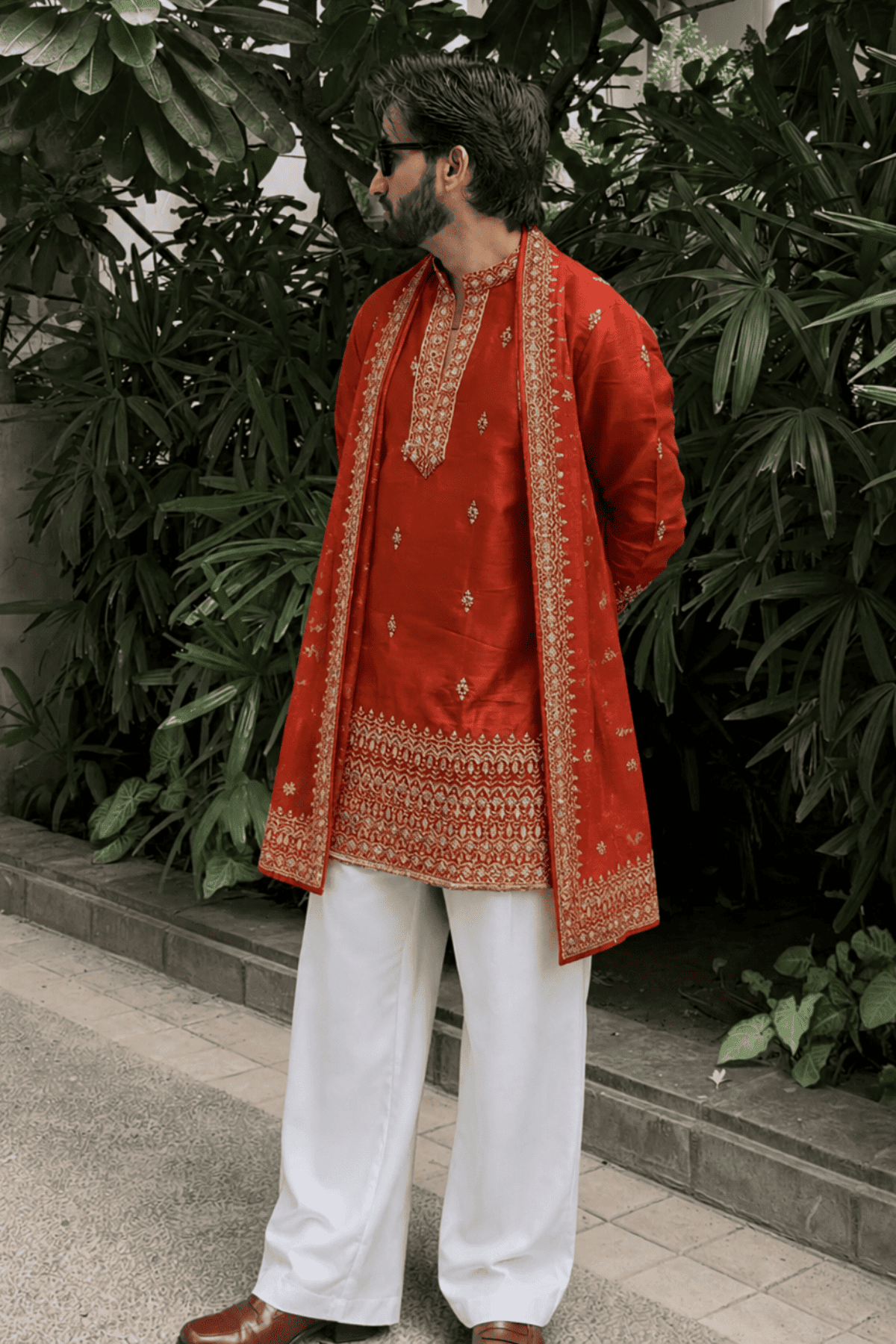 Rust Red Heritage Embroidered Kurta Set For Men With Dupatta (Luxury Korean Pants)