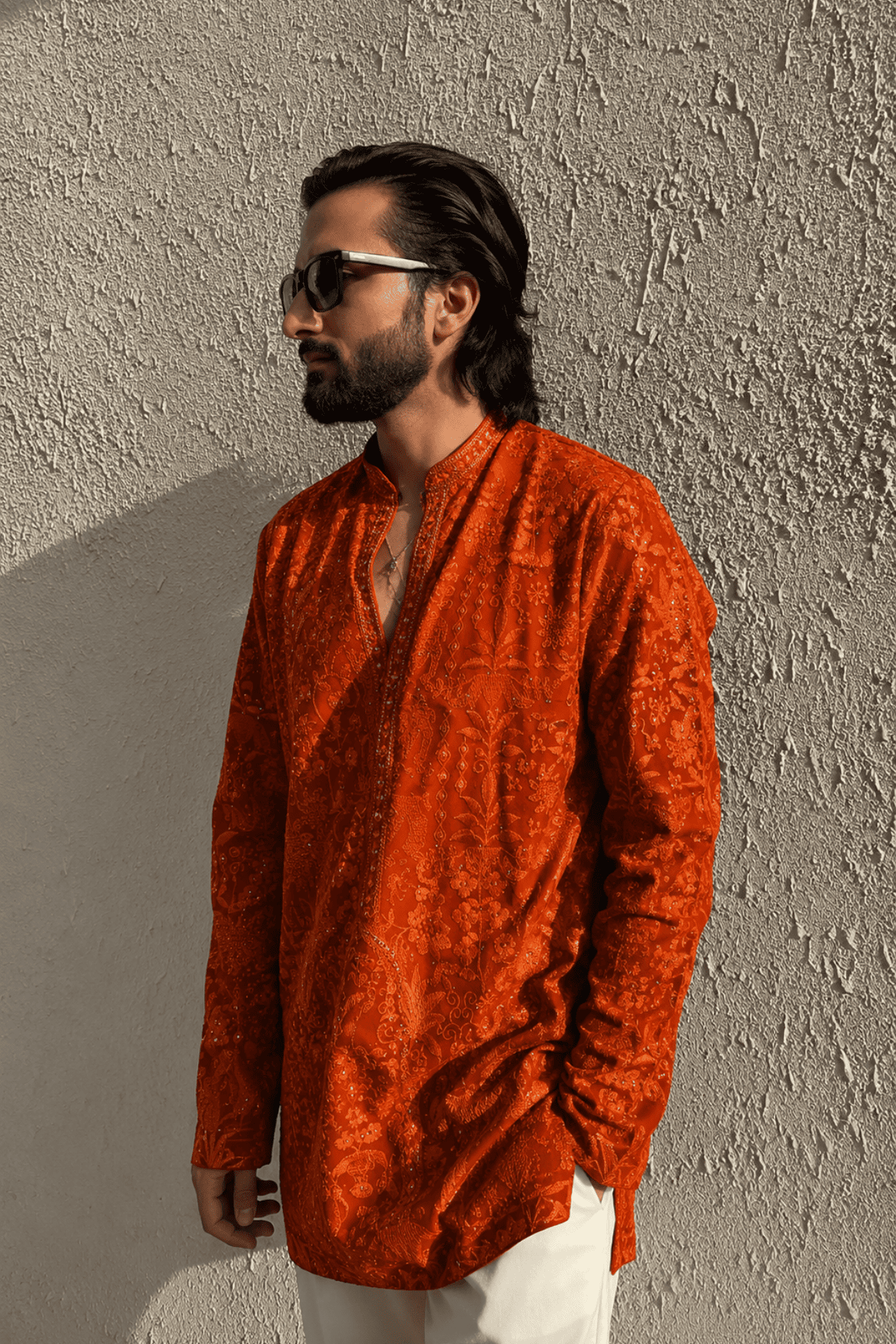 Rust Orange Embroidered Short Kurta For Men (Bootcut Pants)