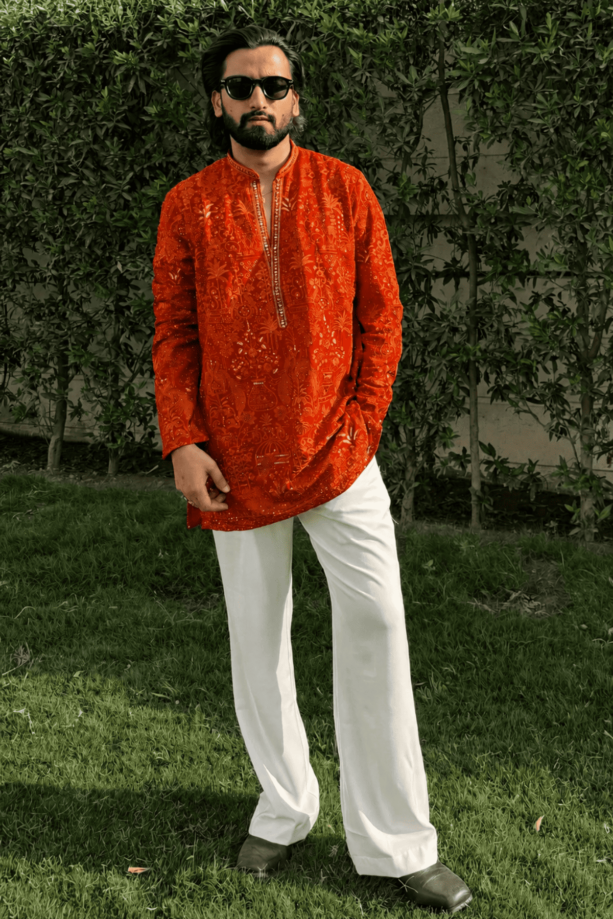 Rust Orange Embroidered Short Kurta For Men (Bootcut Pants)