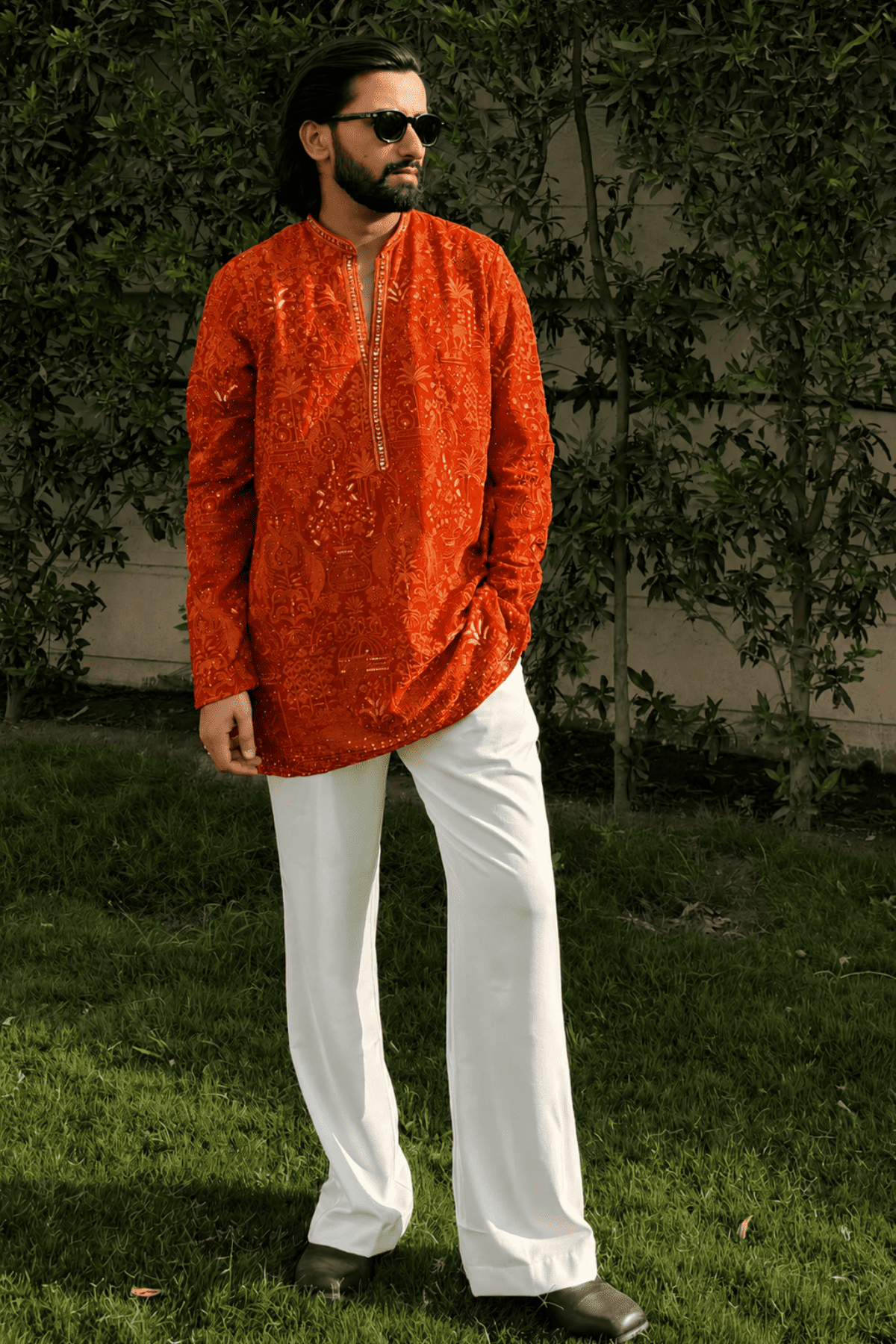 Rust Orange Embroidered Short Kurta For Men (Bootcut Pants)