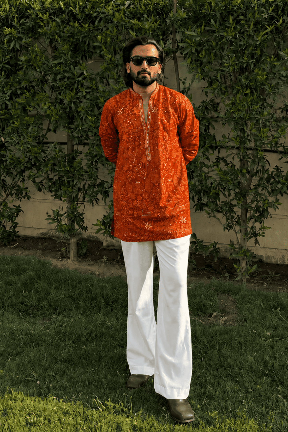 Rust Orange Embroidered Short Kurta For Men (Bootcut Pants)
