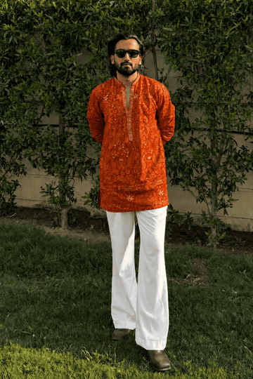 Rust Orange Embroidered Only Short Kurta For Men