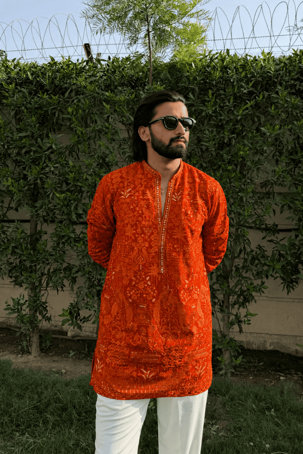 Rust Orange Embroidered Short Kurta For Men (Bootcut Pants)