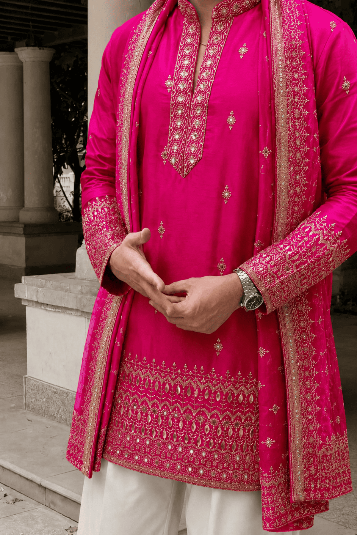 Rani Pink Heritage Embroidered Kurta Set For Men With Dupatta (Luxury Korean Pants)