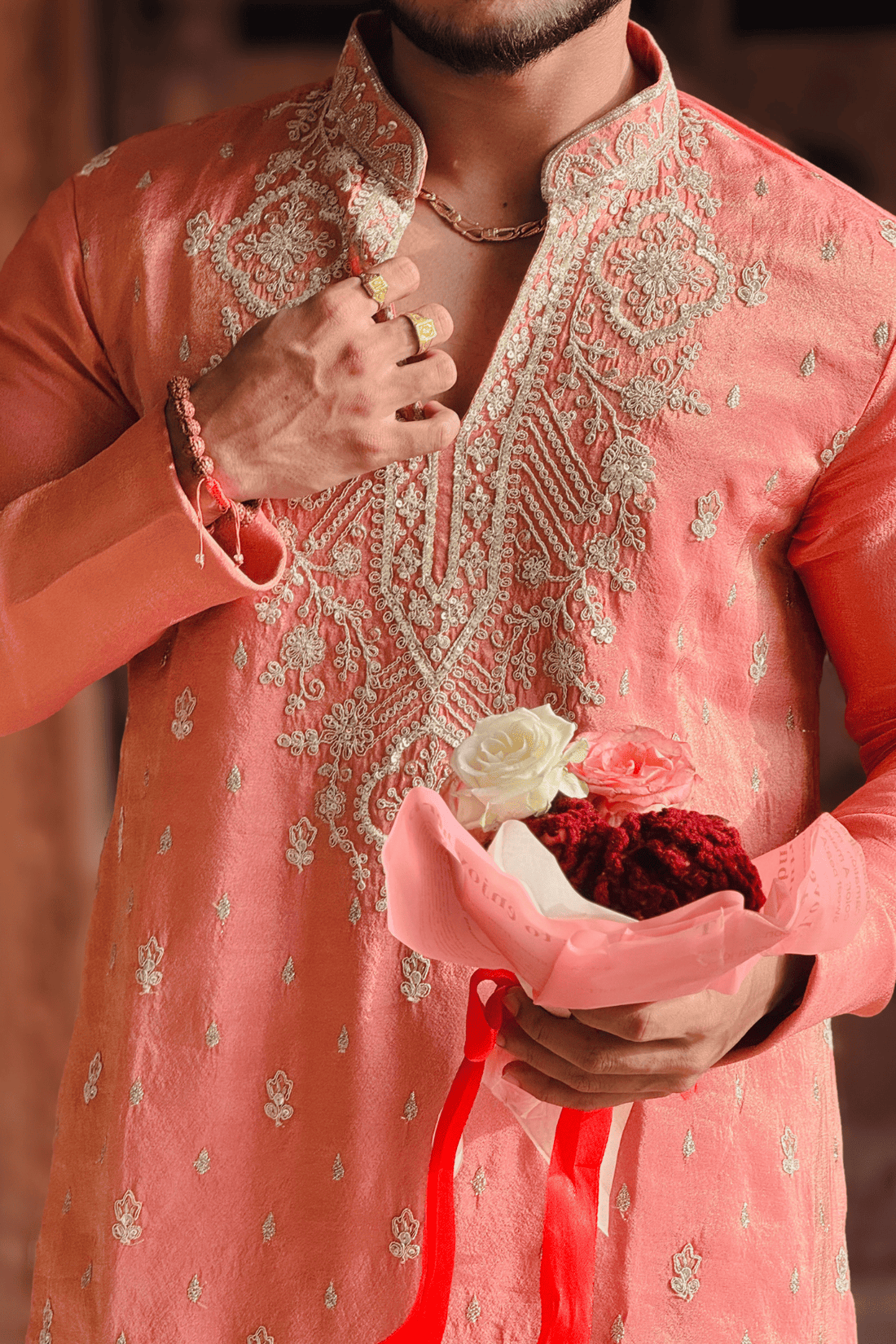 Peach Pink Luxury Embroidered Kurta Pajama For Men(Luxury Korean Pants)