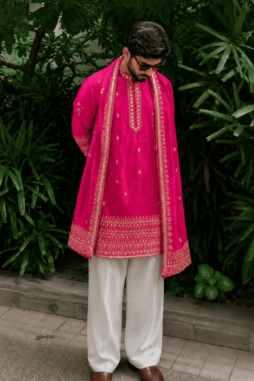 Rani Pink Heritage Embroidered Kurta Set For Men With Dupatta (Luxury Korean Pants)