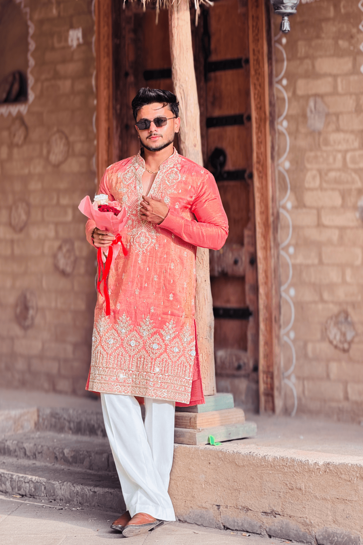 Peach Pink Luxury Embroidered Kurta Pajama For Men(Luxury Korean Pants)