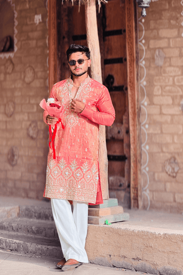 Peach Pink Luxury Embroidered Kurta Pajama For Men(Luxury Korean Pants)