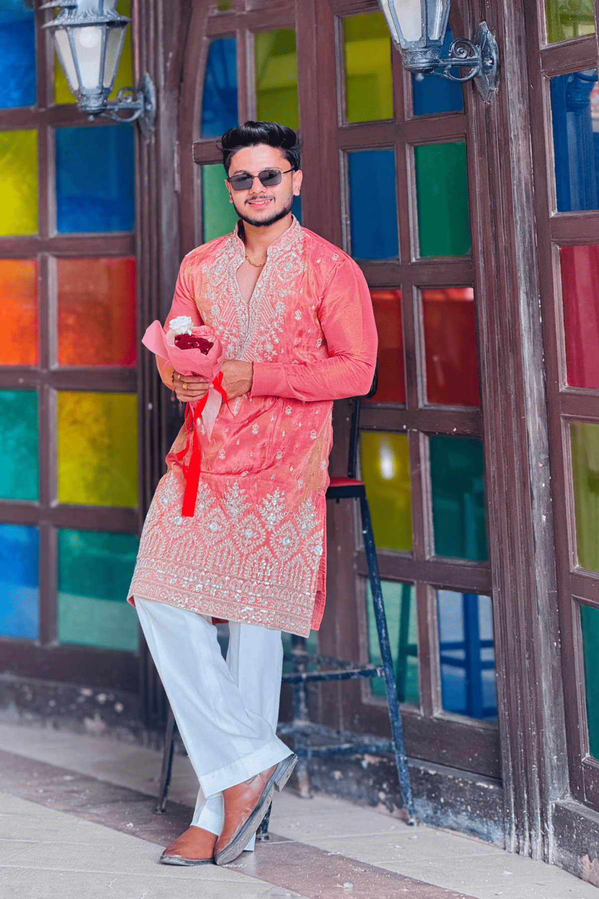 Peach Pink Luxury Embroidered Kurta Pajama For Men(Luxury Korean Pants)