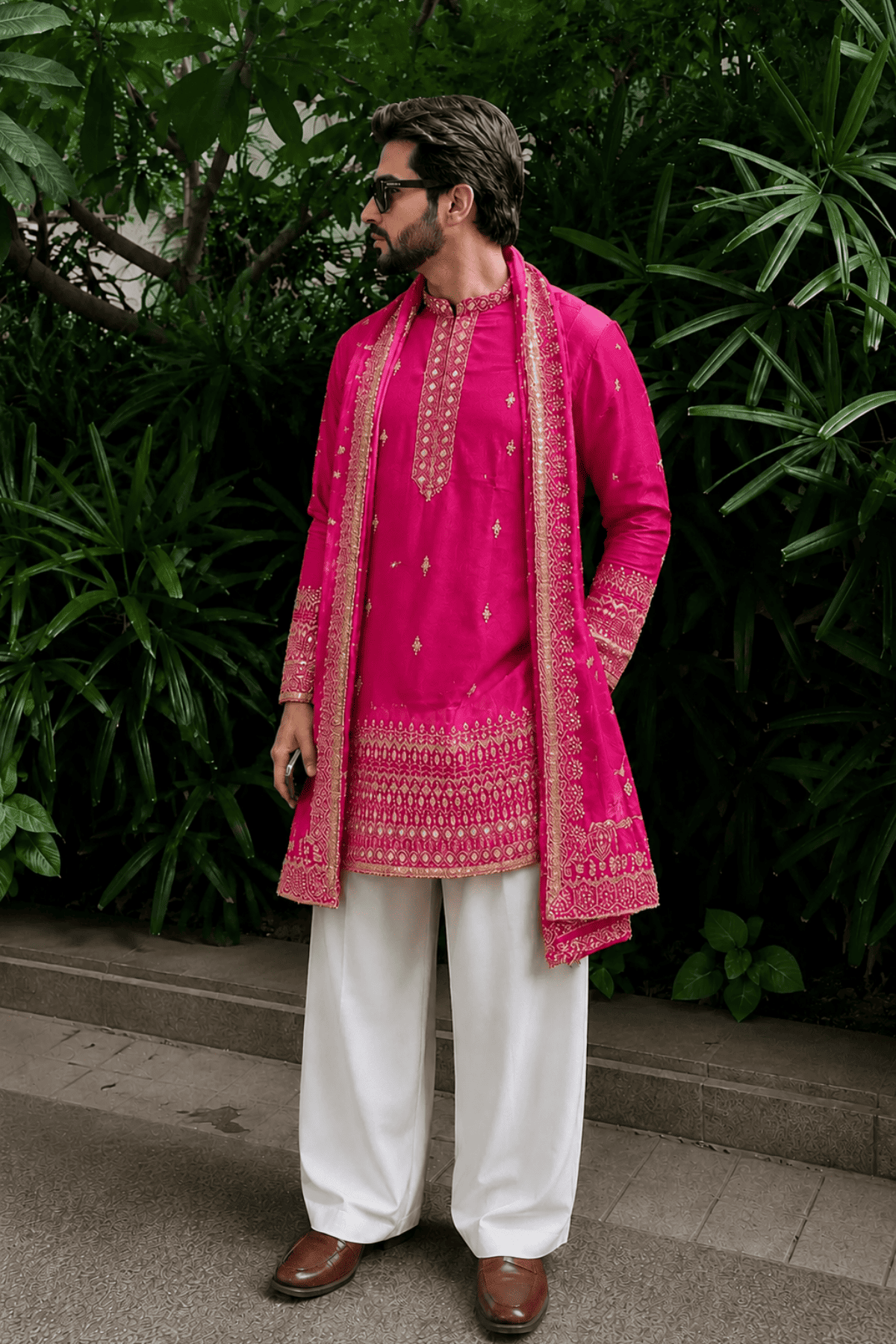 Rani Pink Heritage Embroidered Kurta Set For Men With Dupatta (Luxury Korean Pants)