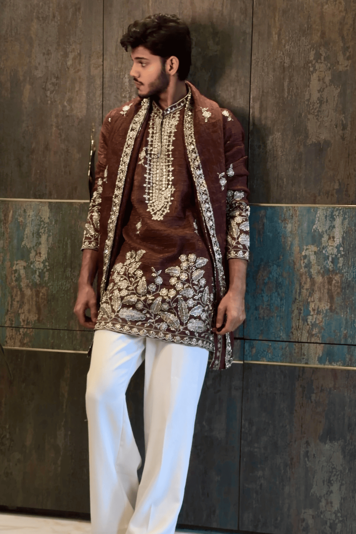 Chocolate Brown Luxury Embroidered Kurta Set For Men With Stole (Luxury Korean Pants)(Prebook)