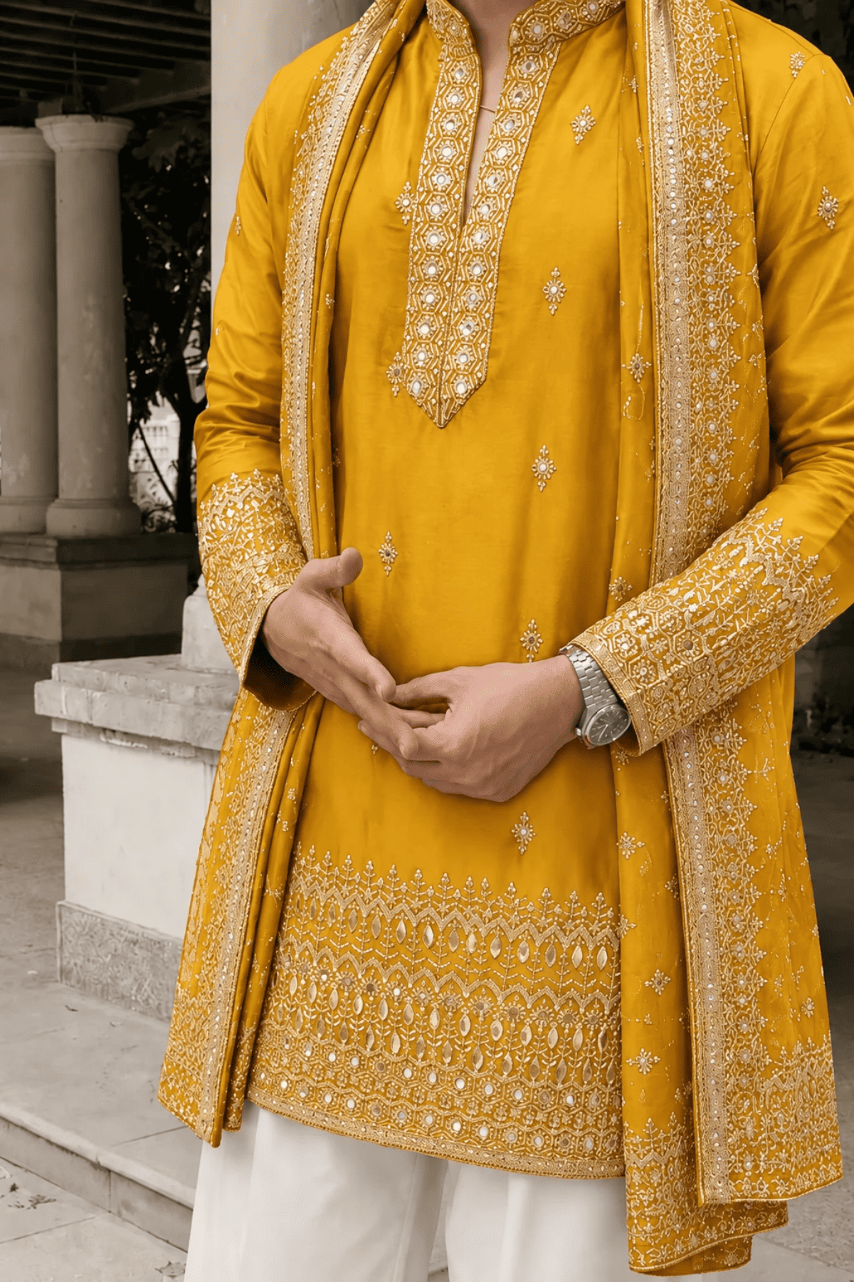 Mustard Yellow Heritage Embroidered Kurta Set For Men With Dupatta (Luxury Korean Pants)