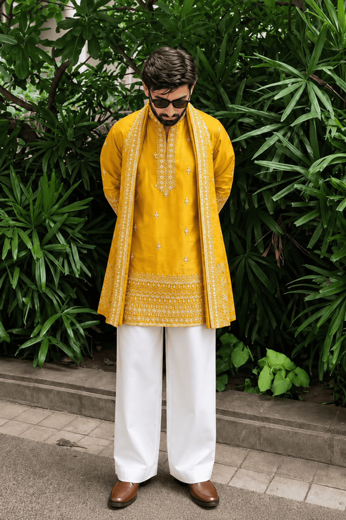 Mustard Yellow Heritage Embroidered Kurta Set For Men With Dupatta (Luxury Korean Pants)