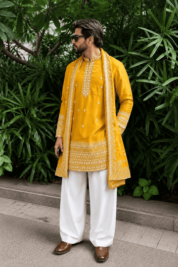 Mustard Yellow Heritage Embroidered Kurta Set For Men With Dupatta (Luxury Korean Pants)
