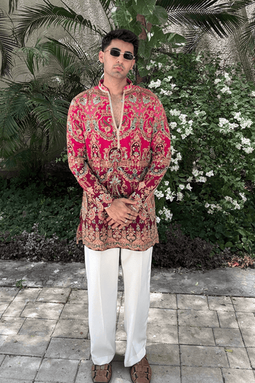 Fuchsia Position Embroidery Kurta For Men