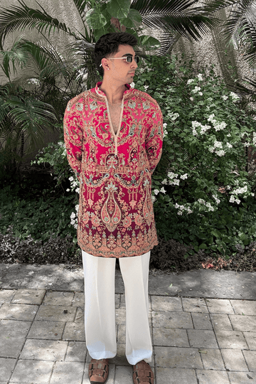 Fuchsia Position Embroidery Kurta Pyjama For Men (Luxury Korean Pants)