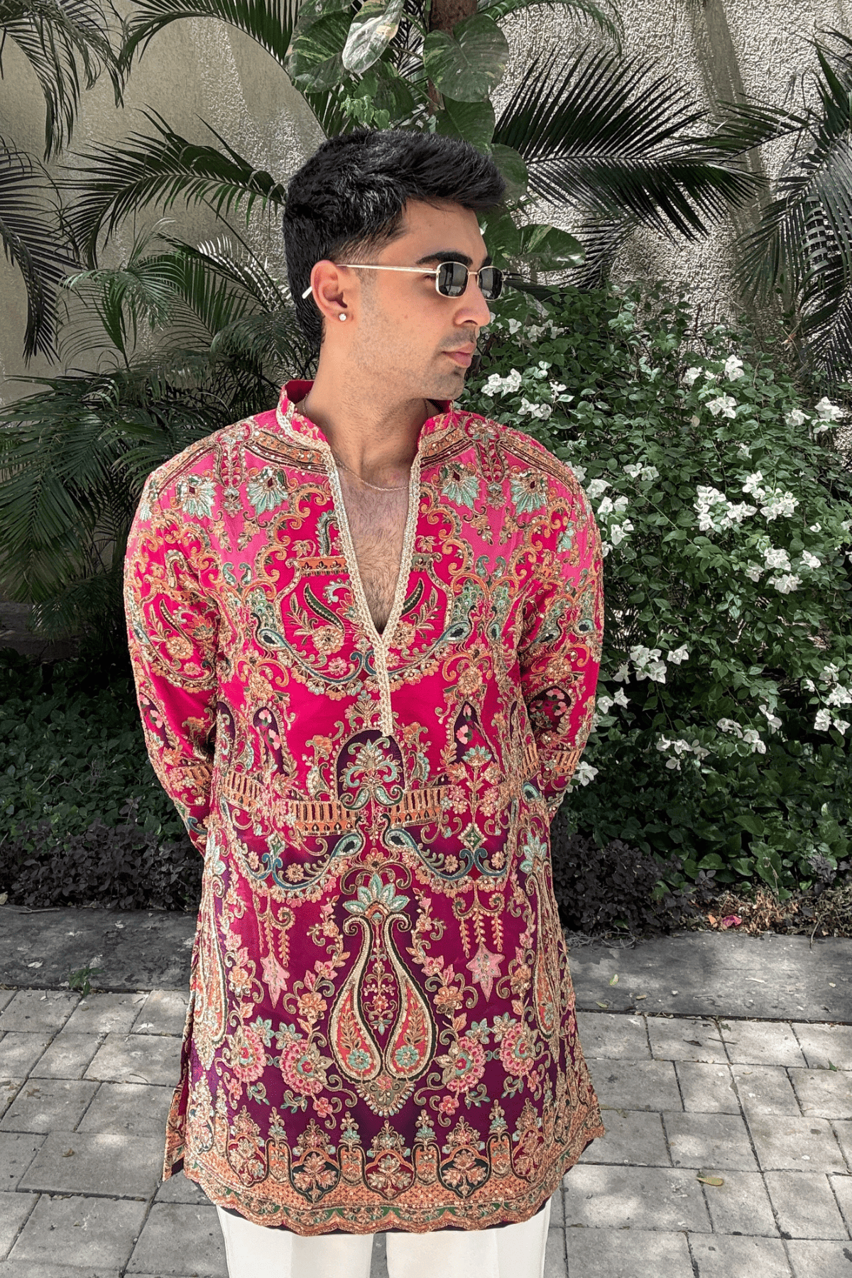 Fuchsia Position Embroidery Kurta For Men