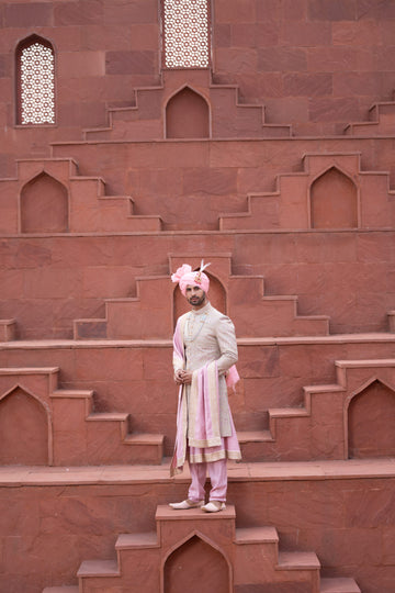 Light Pink Lakhnavi Hand Embroidered Sherwani with Soft Silk Anarkali