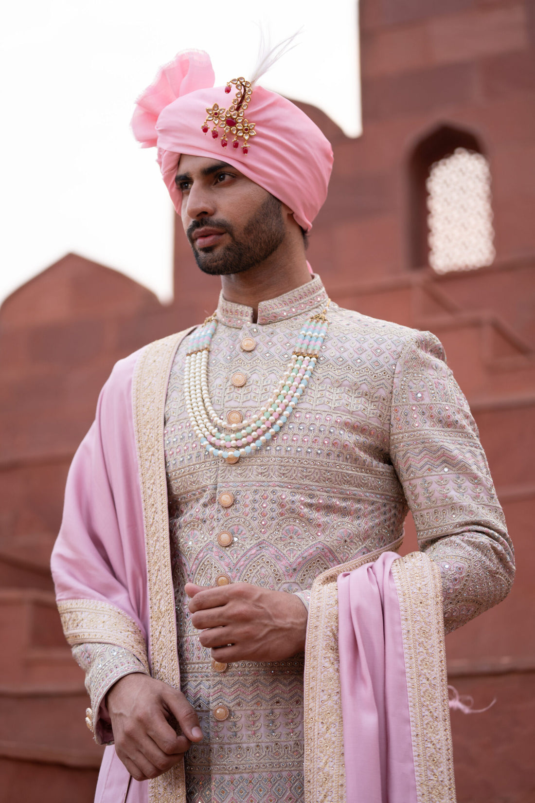 Light Pink Lakhnavi Hand Embroidered Sherwani with Soft Silk Anarkali