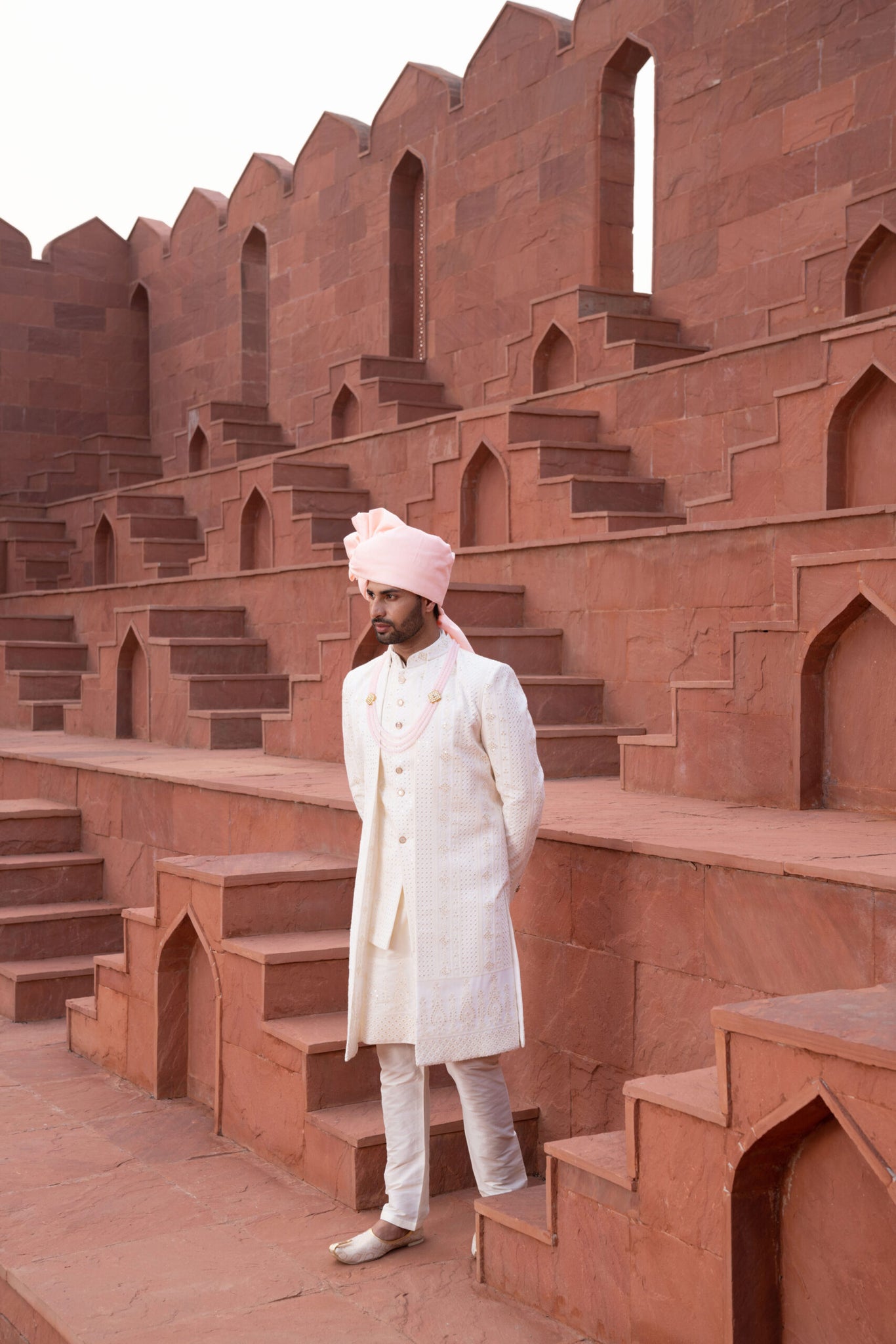 Off White Lakhnavi Embroidered Sherwani with Thread work