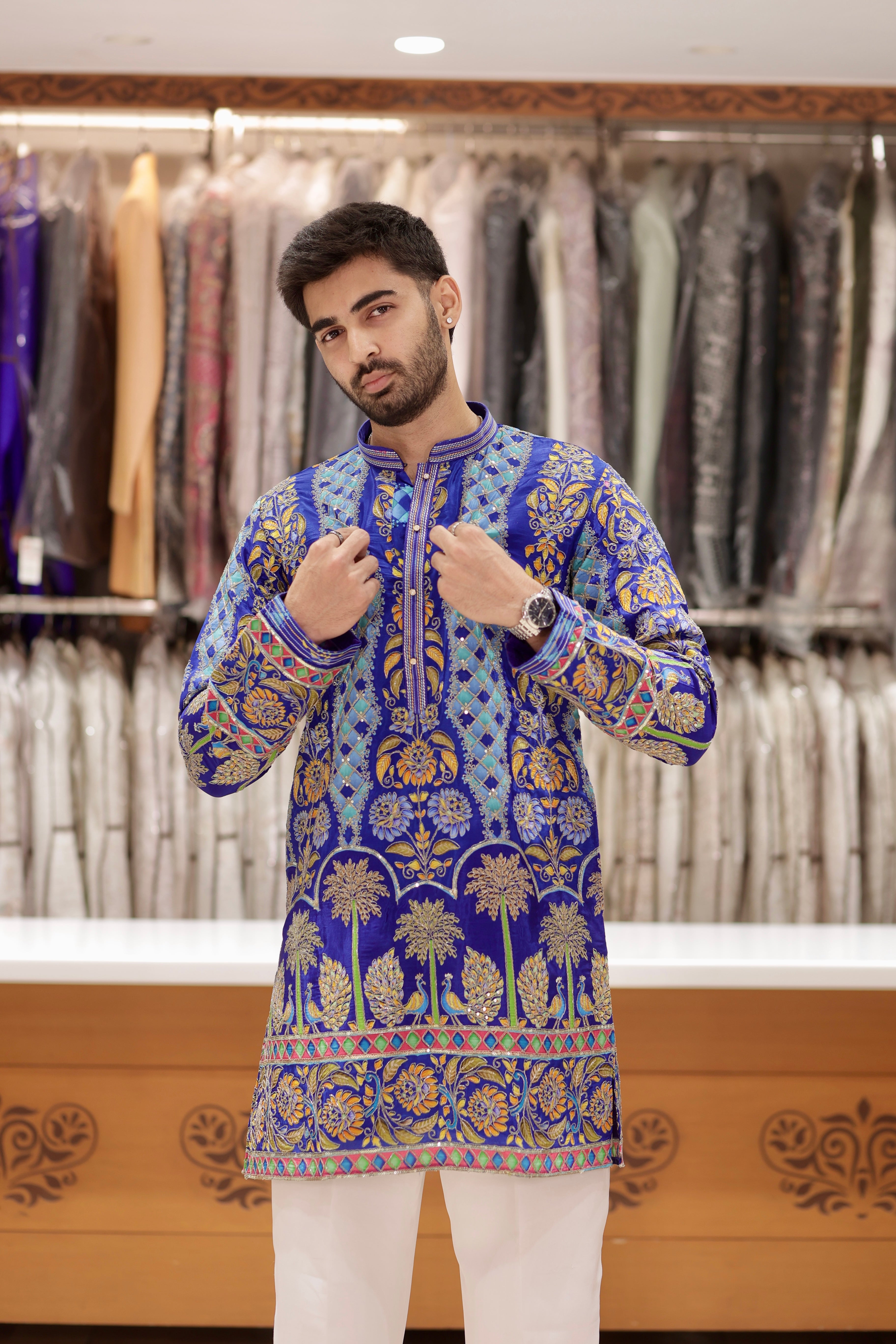 Navy Blue Embroidered Kurta for Men