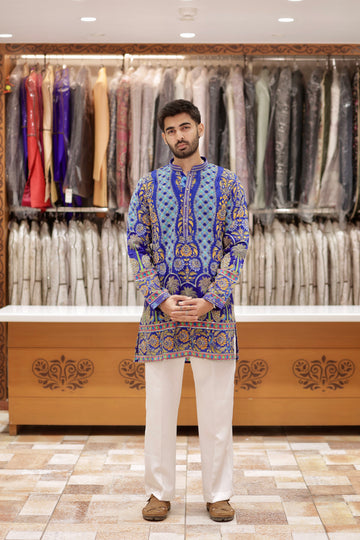 Navy Blue Embroidered Kurta for Men